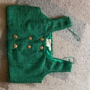 Anthropology Green Tweed Crop Top with Gold Buttons